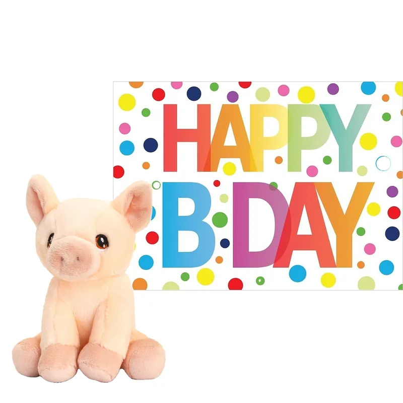 Gecertificeerd Pluche varken knuffel - 12 cm - met Happy Birthday kaart