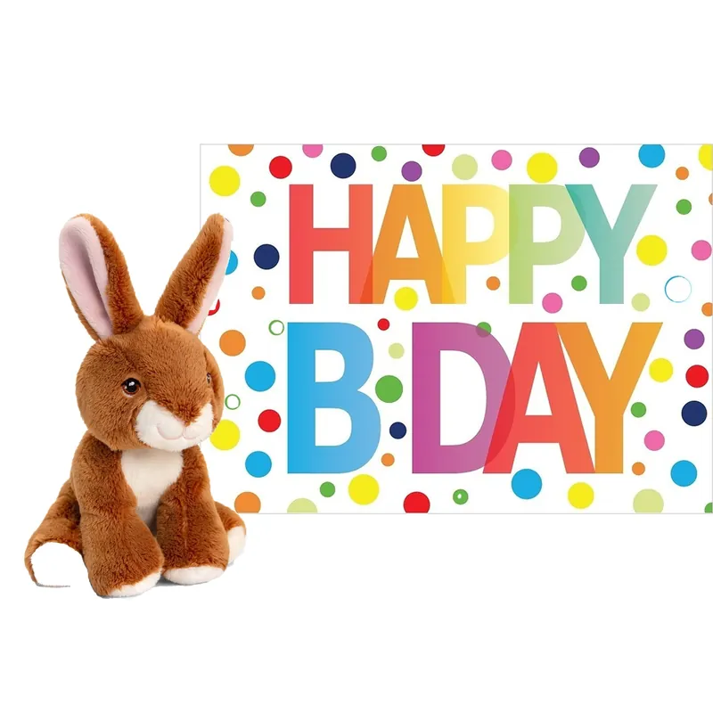 Pluche konijn knuffel - 12 cm - Happy Birthday kaart Op = Op