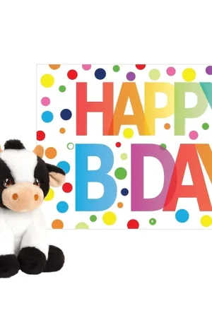Pluche koe knuffel - 12 cm - met Happy Birthday kaart Gratis Retour