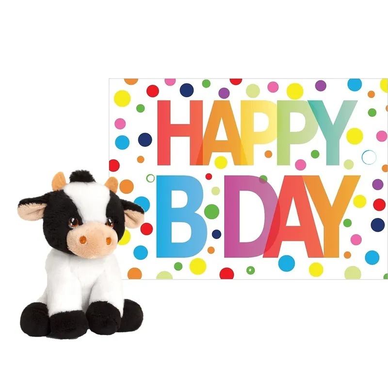 Pluche koe knuffel - 12 cm - met Happy Birthday kaart Gratis Retour