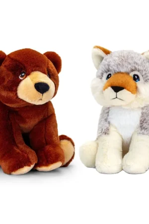 Uitverkoop Pluche knuffel set wolf en bruine beer - 25 cm - bosdieren