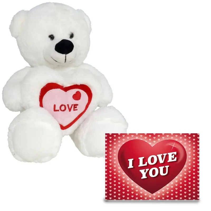 Valentijn beertje - pluche knuffel - 20 cm - met hartjes wenskaart Hoge Kwaliteit