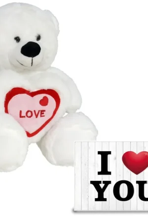 Op = Op Valentijn beertje - pluche knuffel - 20 cm - met hartjes kaart