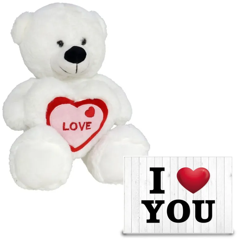 Op = Op Valentijn beertje - pluche knuffel - 20 cm - met hartjes kaart
