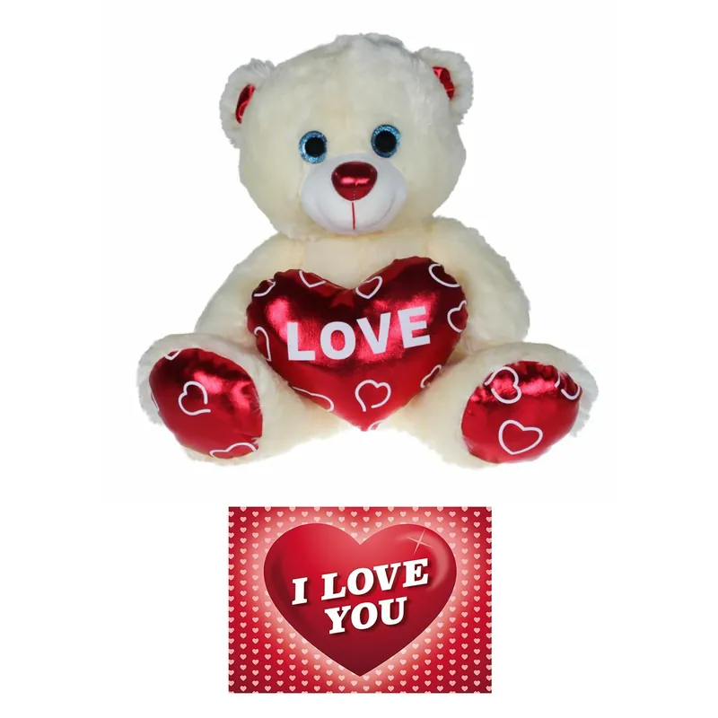 Kruger pluche knuffelbeer - 60 cm - wit/rood - Valentijn Hete Deal