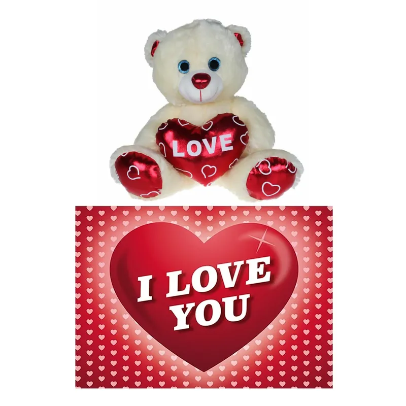 Kruger pluche knuffelbeer - 15 cm - wit/rood - Valentijn cadeau Hoge Kwaliteit