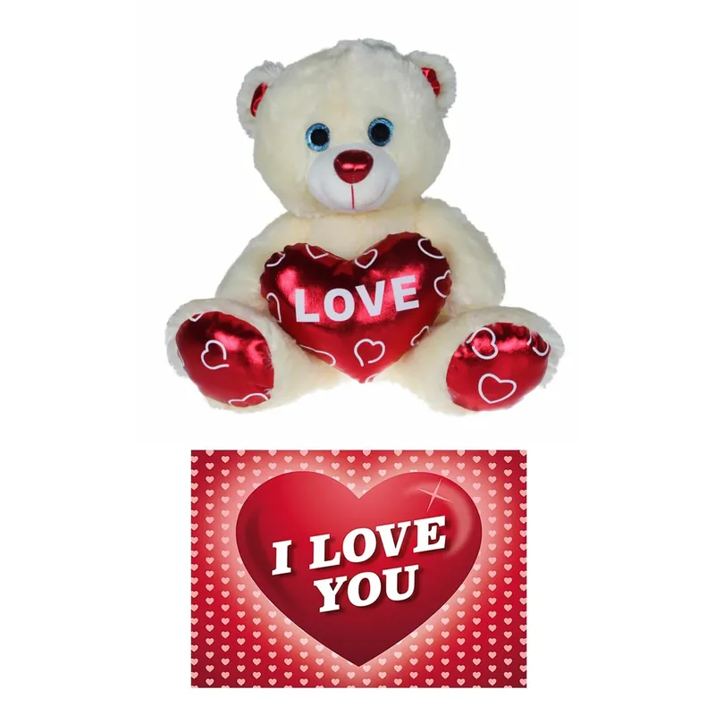 Lage Kosten Kruger knuffelbeer - pluche - 25 cm - wit/rood - Valentijn