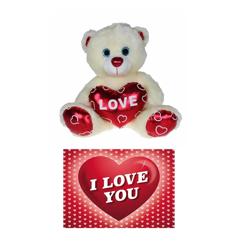 Op = Op Pluche knuffelbeer - 20 cm - Valentijn - hartje - wenskaart