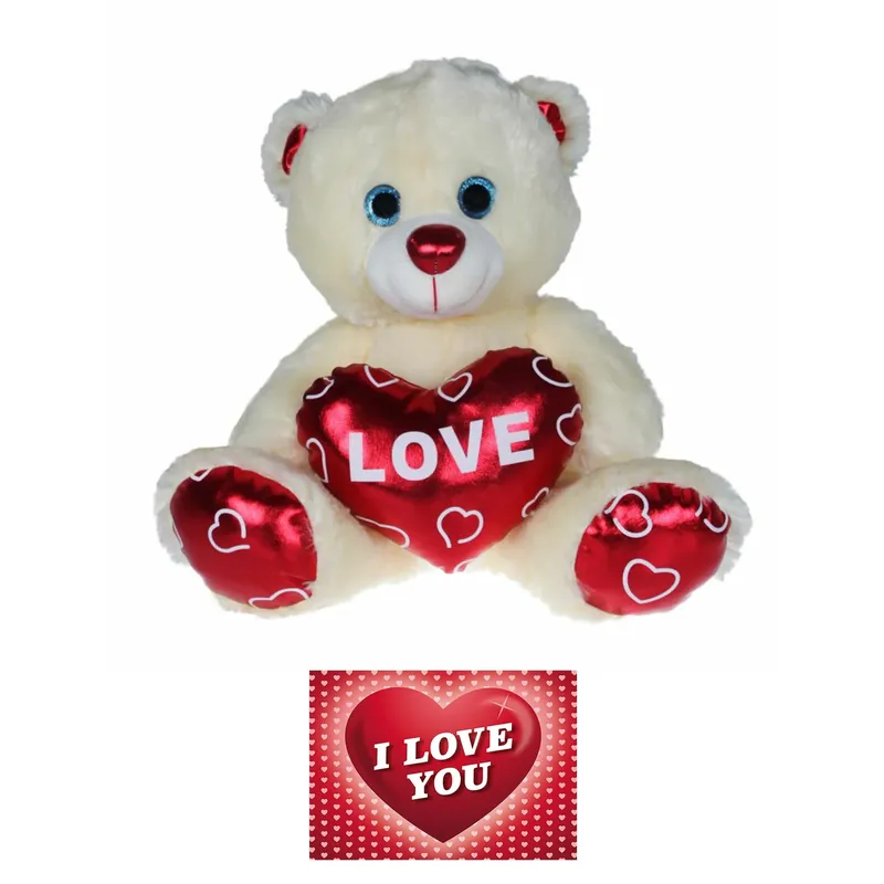Favoriet Kruger pluche knuffelbeer - 80 cm - wit/rood - Valentijn