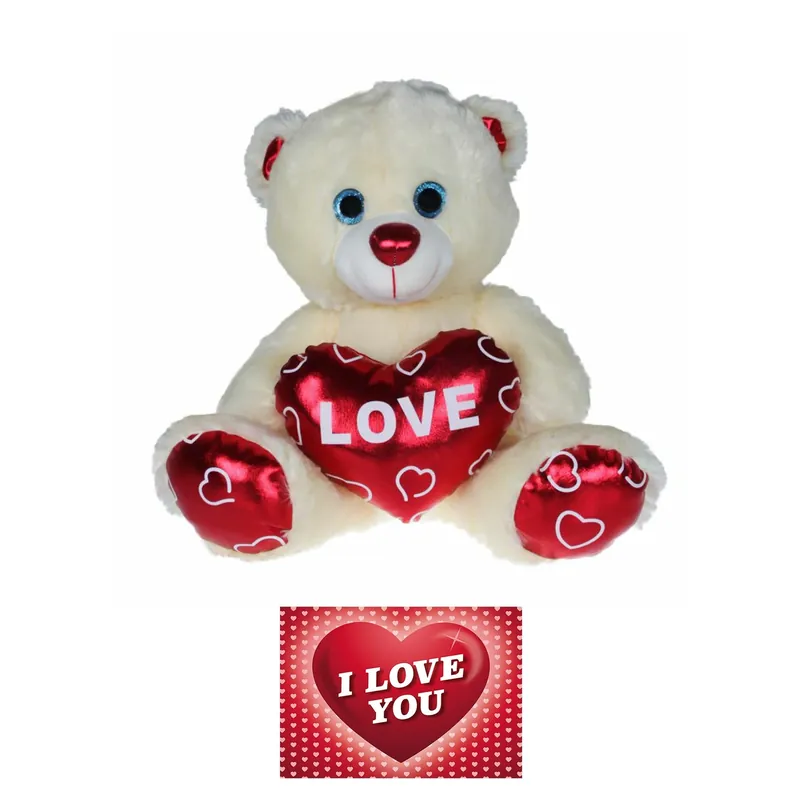 Kruger knuffelbeer - pluche - 70 cm - wit/rood - Valentijn Gecertificeerd