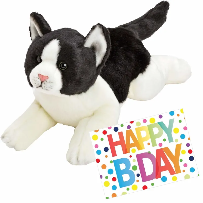 Pluche kat knuffel - zwart/wit - 33 cm - met verjaardagskaart Betaalbaar