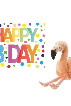 Alleen Vandaag Flamingo knuffel - pluche - 18 cm - met wenskaart - cadeau