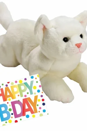 Aanbieding Pluche witte kat knuffel - 33 cm - met verjaardagskaart