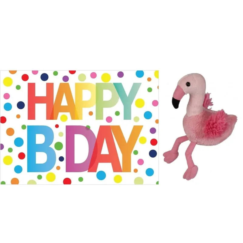 Pluche flamingo knuffel - 15 cm - Happy Birthday kaart Snelle Levering