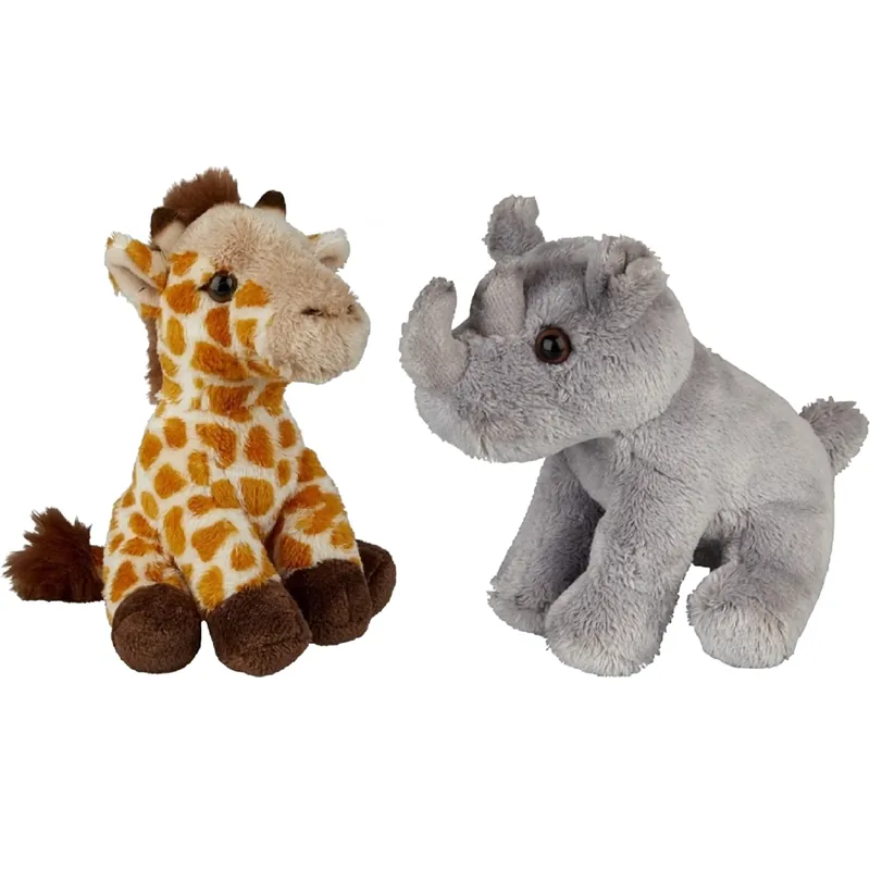 Goedkoop Ravensden giraffe en neushoorn knuffels - pluche - 15 cm - set van 2 - safari dieren - dierenknuffels