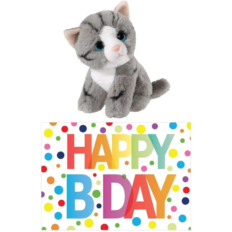 Premium Grijze kat knuffel - pluche - 14 cm - Happy Birthday kaart - cadeau set