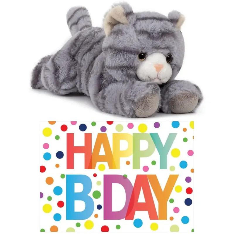 Premium Pluche grijze kat knuffel - 25 cm - Happy Birthday kaart