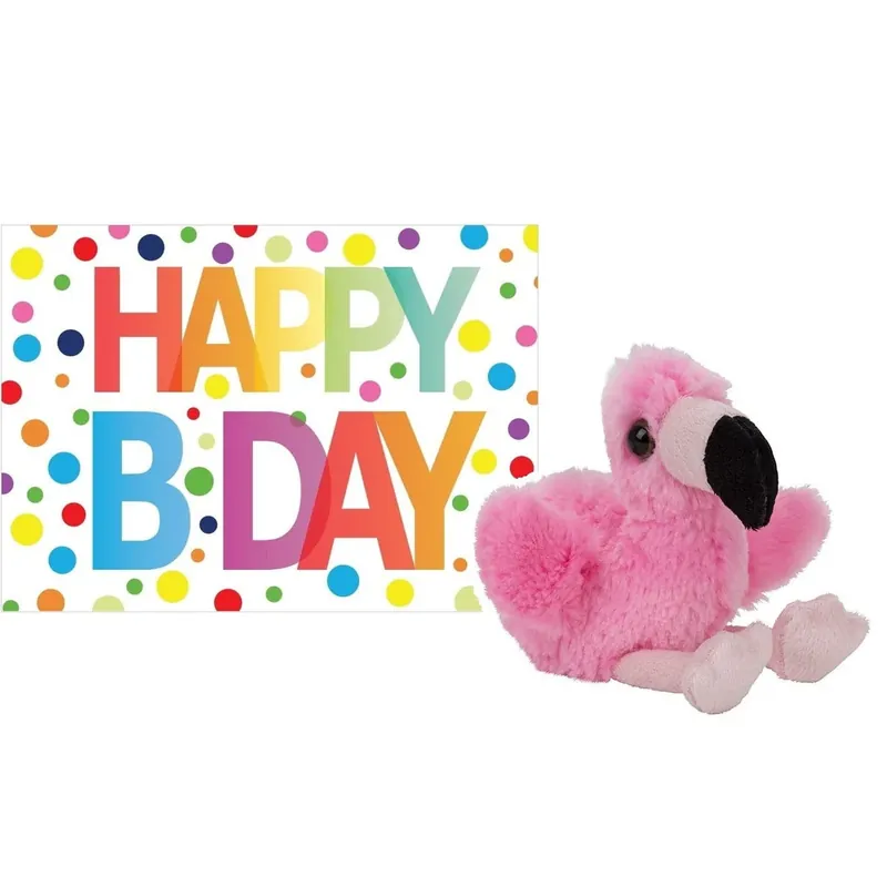 Gereduceerde Prijs Pluche flamingo knuffel - 13 cm - met Happy Birthday kaart