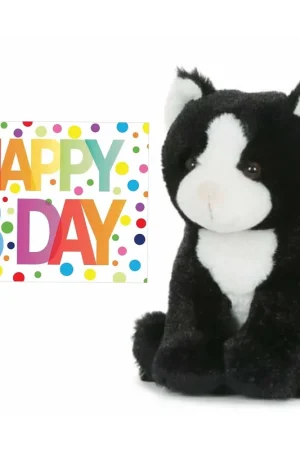 Betaalbaar Pluche kat zwart-wit - knuffel - 18 cm - Happy Birthday kaart