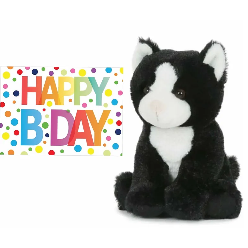 Betaalbaar Pluche kat zwart-wit - knuffel - 18 cm - Happy Birthday kaart