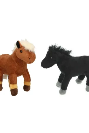 Aanbieding Set van 2 pluche paarden knuffels - 25 cm - bruin en zwart