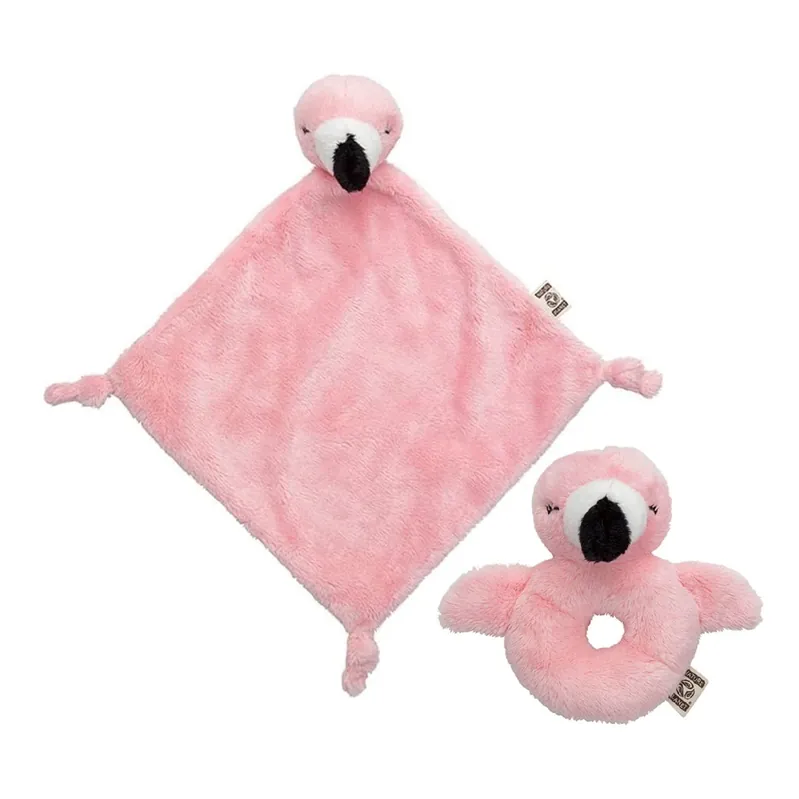 Goedkoop Nature Planet pluche flamingo set - knuffel - 15 cm - tutteldoekje 40 cm