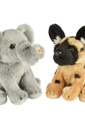 Actieprijs Safari dieren pluche knuffels - olifant en wilde hond - 15 cm