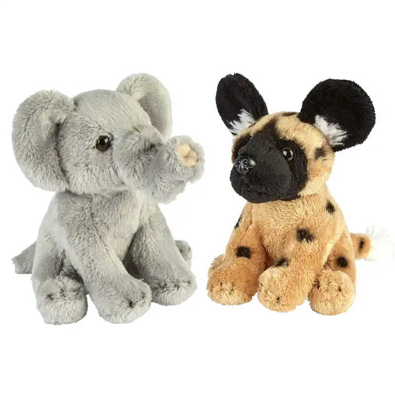 Actieprijs Safari dieren pluche knuffels - olifant en wilde hond - 15 cm