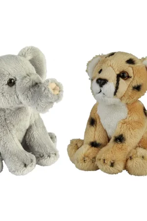 Safari dieren pluche knuffels - olifant en cheetah - 2 stuks - 15 cm Premium