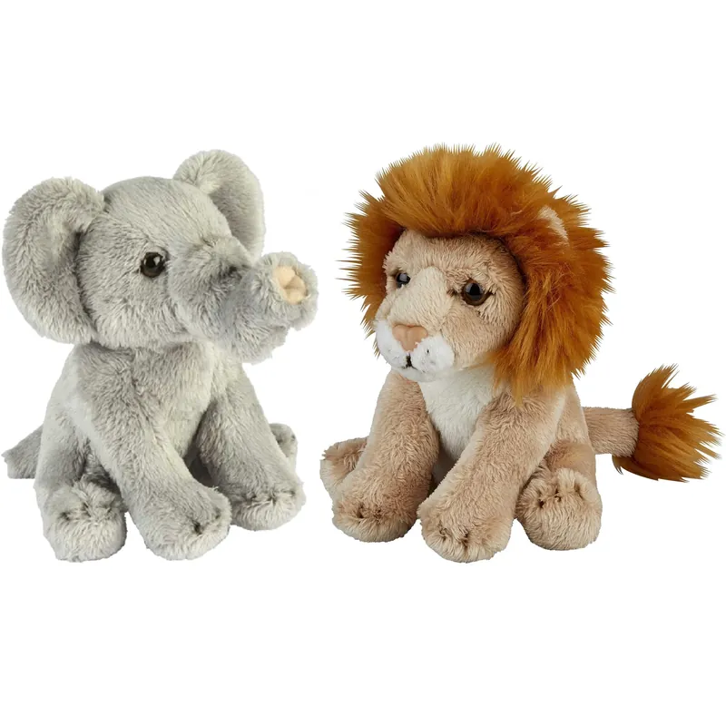 Alleen Vandaag Safari dieren knuffels set - olifant en leeuw - pluche - 15 cm