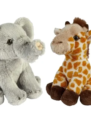 Actieprijs Safari pluche knuffels set - olifant en giraffe - 15 cm