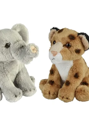 Safari dieren knuffels set - olifant en luipaard - pluche - 15 cm Hoge Kwaliteit