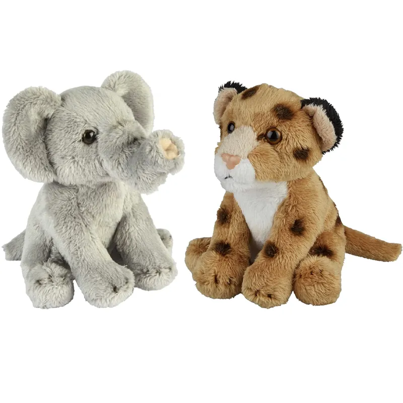 Safari dieren knuffels set - olifant en luipaard - pluche - 15 cm Hoge Kwaliteit