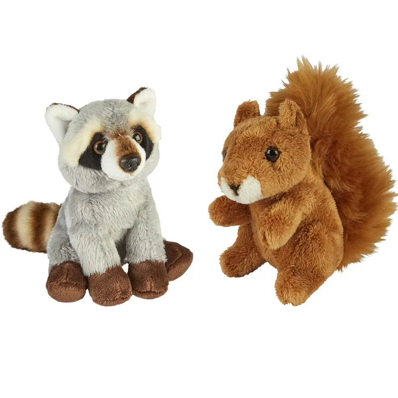 Bosdieren knuffels - pluche - wasbeer en eekhoorn - 15 cm Nieuw