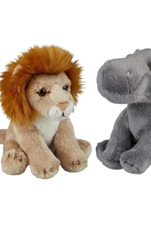 Safari dieren pluche knuffels set - nijlpaard en leeuw - 15 cm Korting
