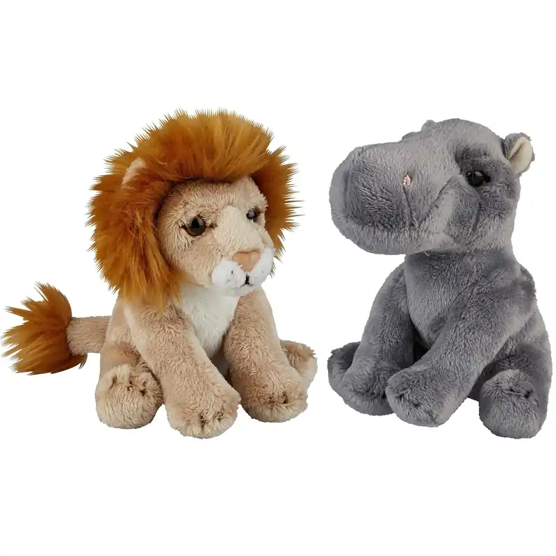 Safari dieren pluche knuffels set - nijlpaard en leeuw - 15 cm Korting