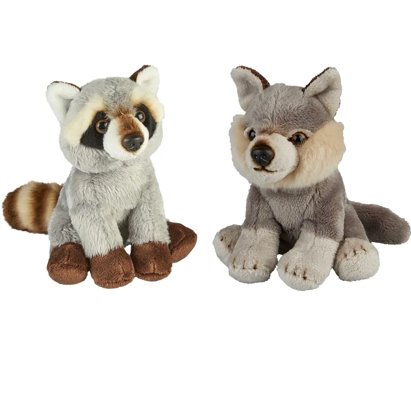 Gereduceerde Prijs Bosdieren knuffelset - pluche - wasbeer en wolf - 15 cm