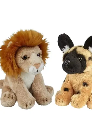 Safari dieren pluche knuffels - wilde hond en leeuw - 15 cm Seizoensaanbieding