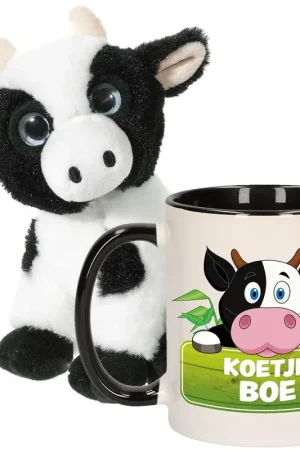 Speciale Aanbieding Koeien knuffel en mok cadeau set - pluche - 14 cm - 300 ml
