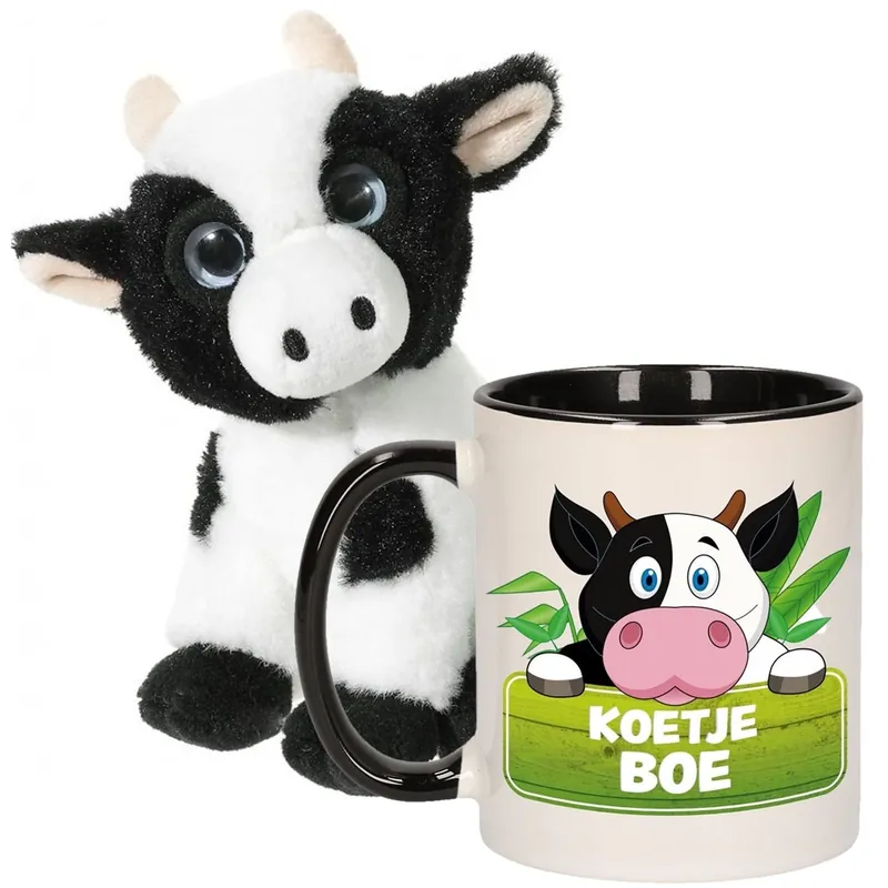 Speciale Aanbieding Koeien knuffel en mok cadeau set - pluche - 14 cm - 300 ml