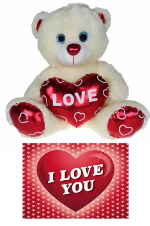 Kruger pluche knuffelbeer - 30 cm - wit/rood - Valentijn Op = Op