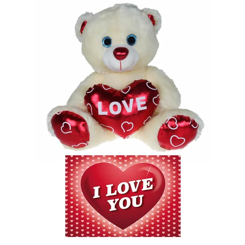 Kruger pluche knuffelbeer - 30 cm - wit/rood - Valentijn Op = Op