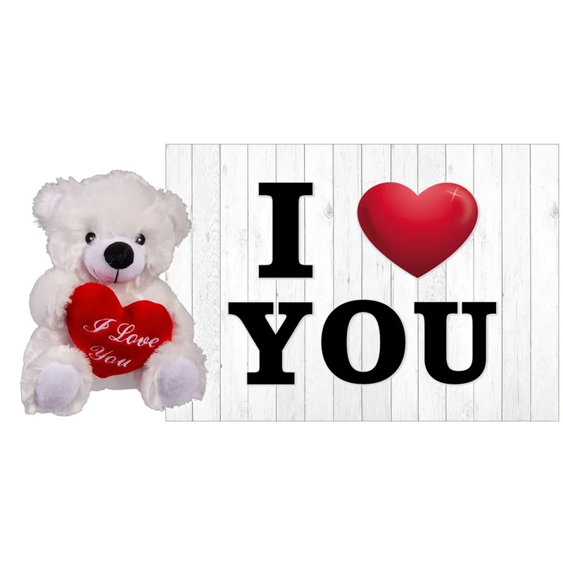 Premium Valentijnsdag cadeau - wit knuffelbeertje - hartje - A5 kaart