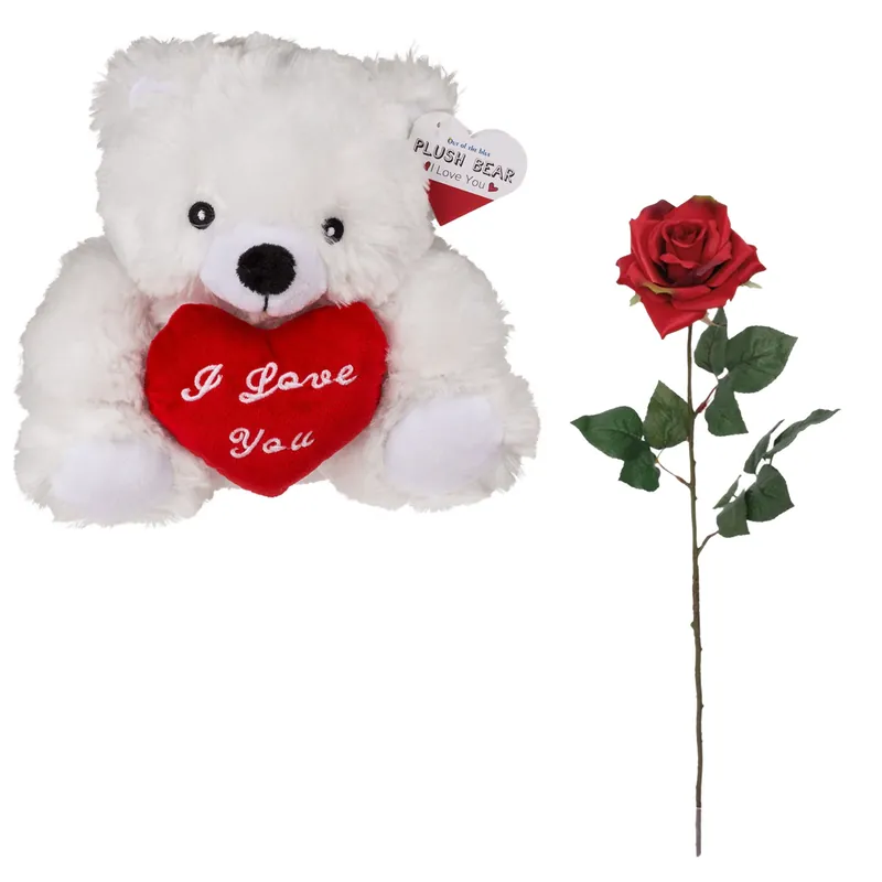 Must-Have Valentijnscadeau - knuffelbeertje met roos - rood - pluche - romantisch