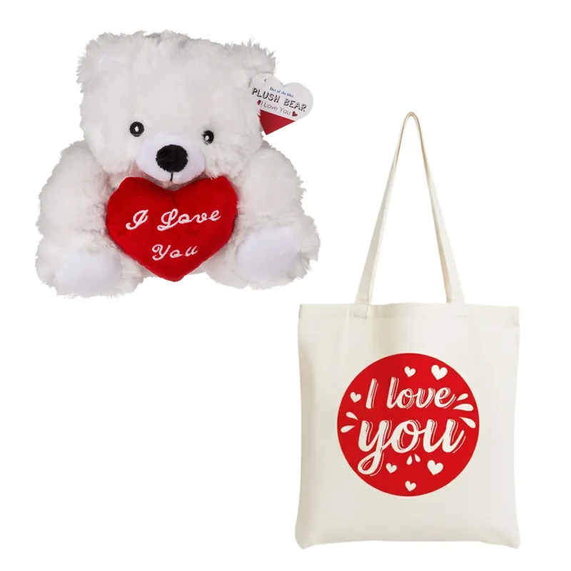 Valentijnscadeau knuffelbeer - canvastas - I love you Snelle Levering