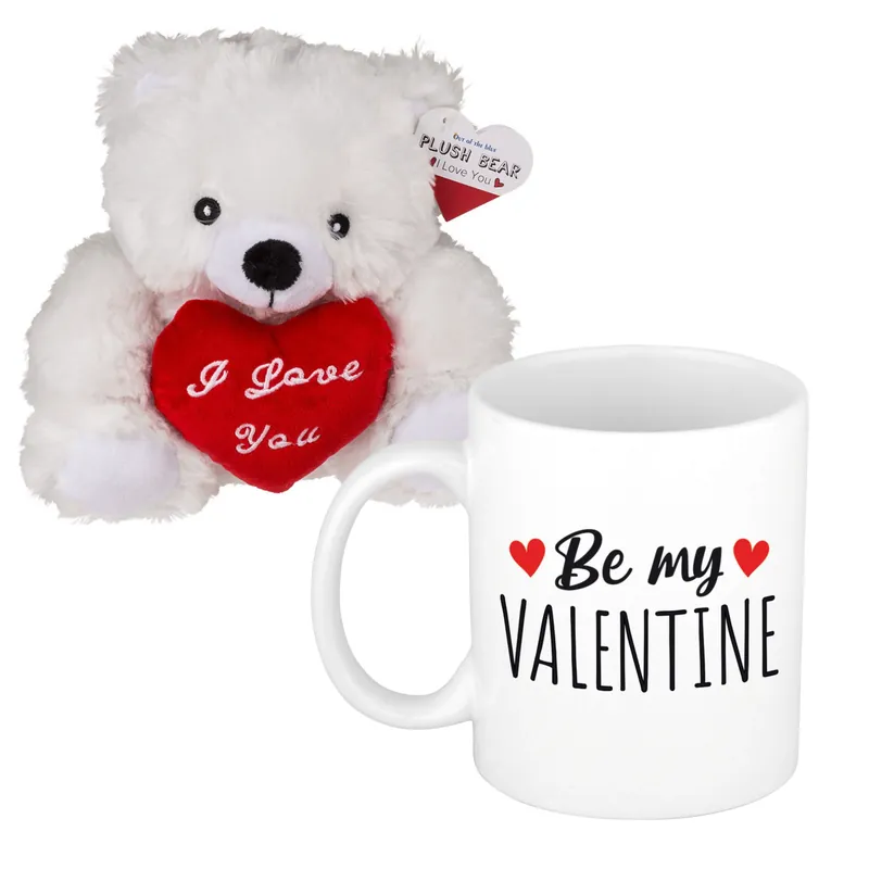 Beertje en mok - Valentijnscadeau - knuffel - koffiemok Weekendaanbieding