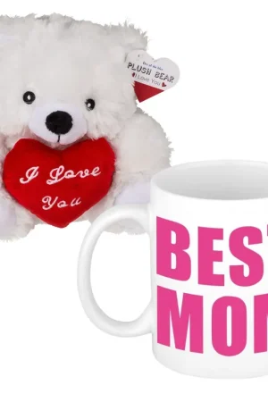 Moederdag cadeau - knuffelbeer met mok - best mom Tijdelijk Beschikbaar