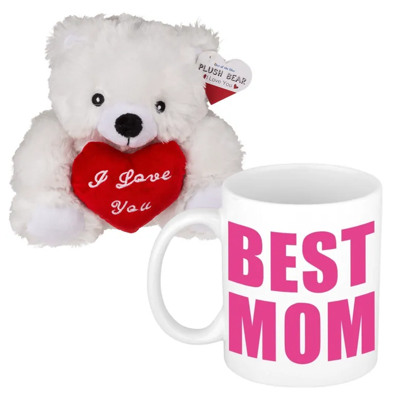 Moederdag cadeau - knuffelbeer met mok - best mom Tijdelijk Beschikbaar