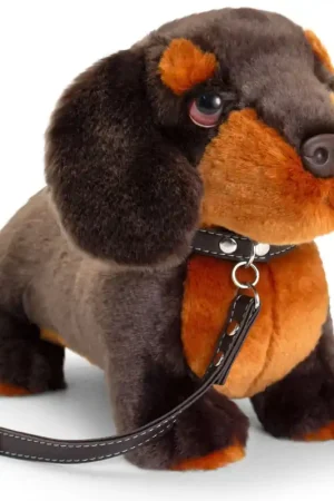 Teckel knuffel hond - pluche - met riem - 30 cm - donkerbruin Koopje