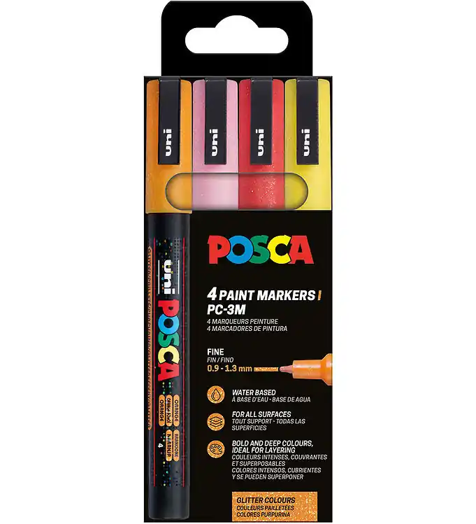 Snelle Levering Posca Markers - PC-3M - 4 st. - Oranje/Roze/Rood/Geel m. Glitter